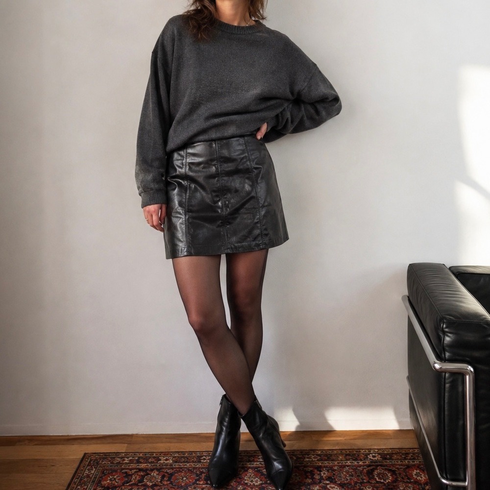 VTG Leather Mini Skirt Size Small Black A-Line 80s 90s Moto Grunge Whimsigoth